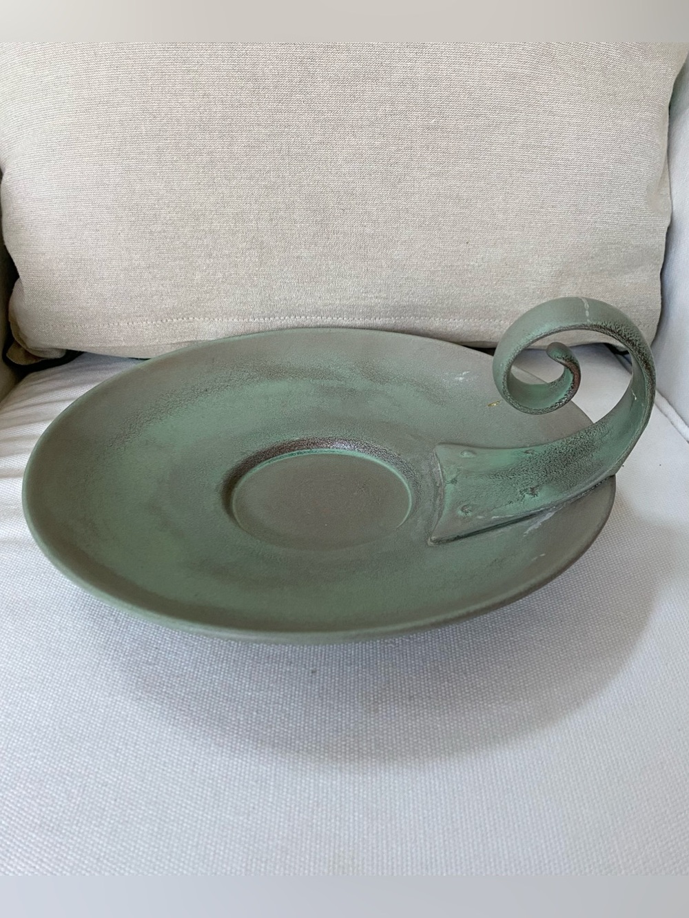 Large Studio Pottery Chamberstick Candle Holder Green Matte Glaze 10” *repaired